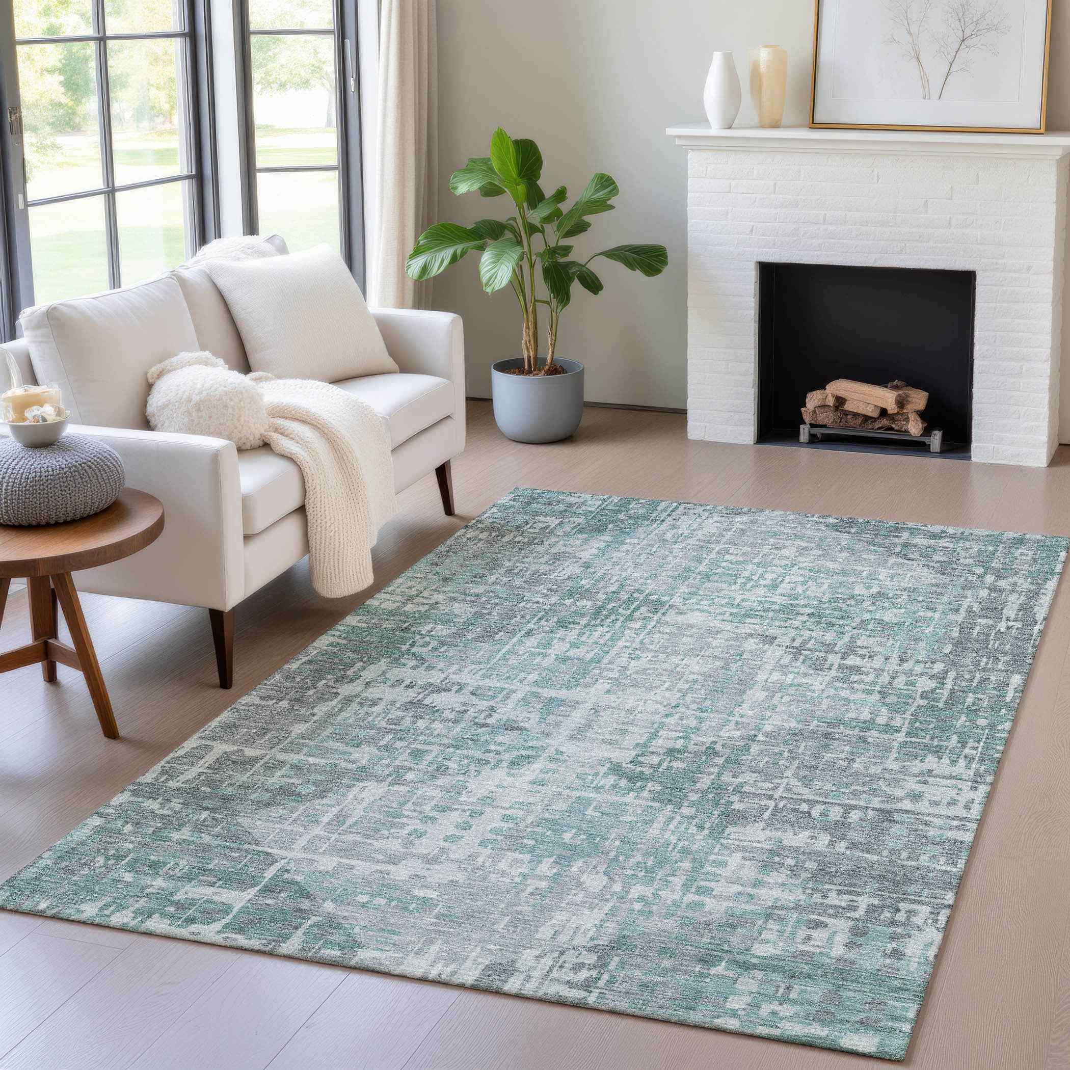8' X 10' Teal Blue And Gray Geometric Washable Indoor Outdoor Area Rug