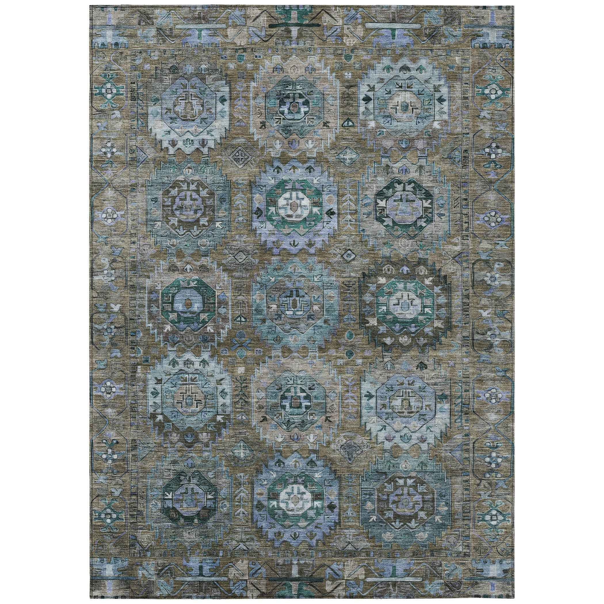 9' X 12' Brown Gray And Teal Blue Medallion Washable Indoor Outdoor Area Rug