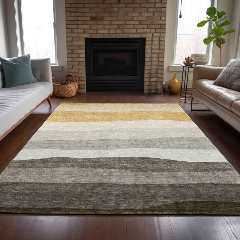 3' X 5' Pewter Gold And Ivory Striped Washable Indoor Outdoor Area Rug
