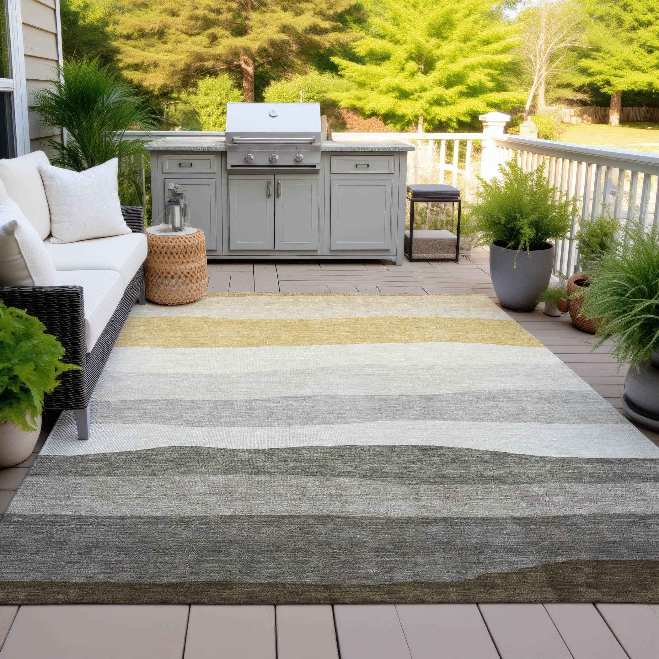 3' X 5' Pewter Gold And Ivory Striped Washable Indoor Outdoor Area Rug