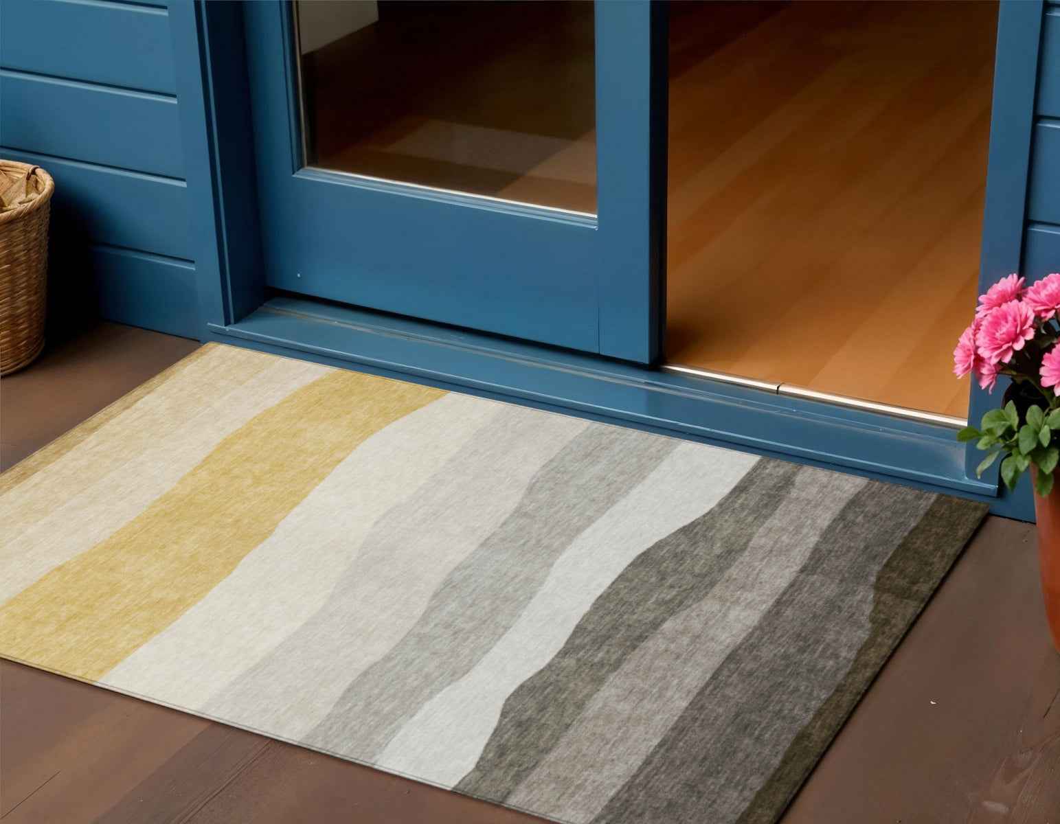 3' X 5' Pewter Gold And Ivory Striped Washable Indoor Outdoor Area Rug