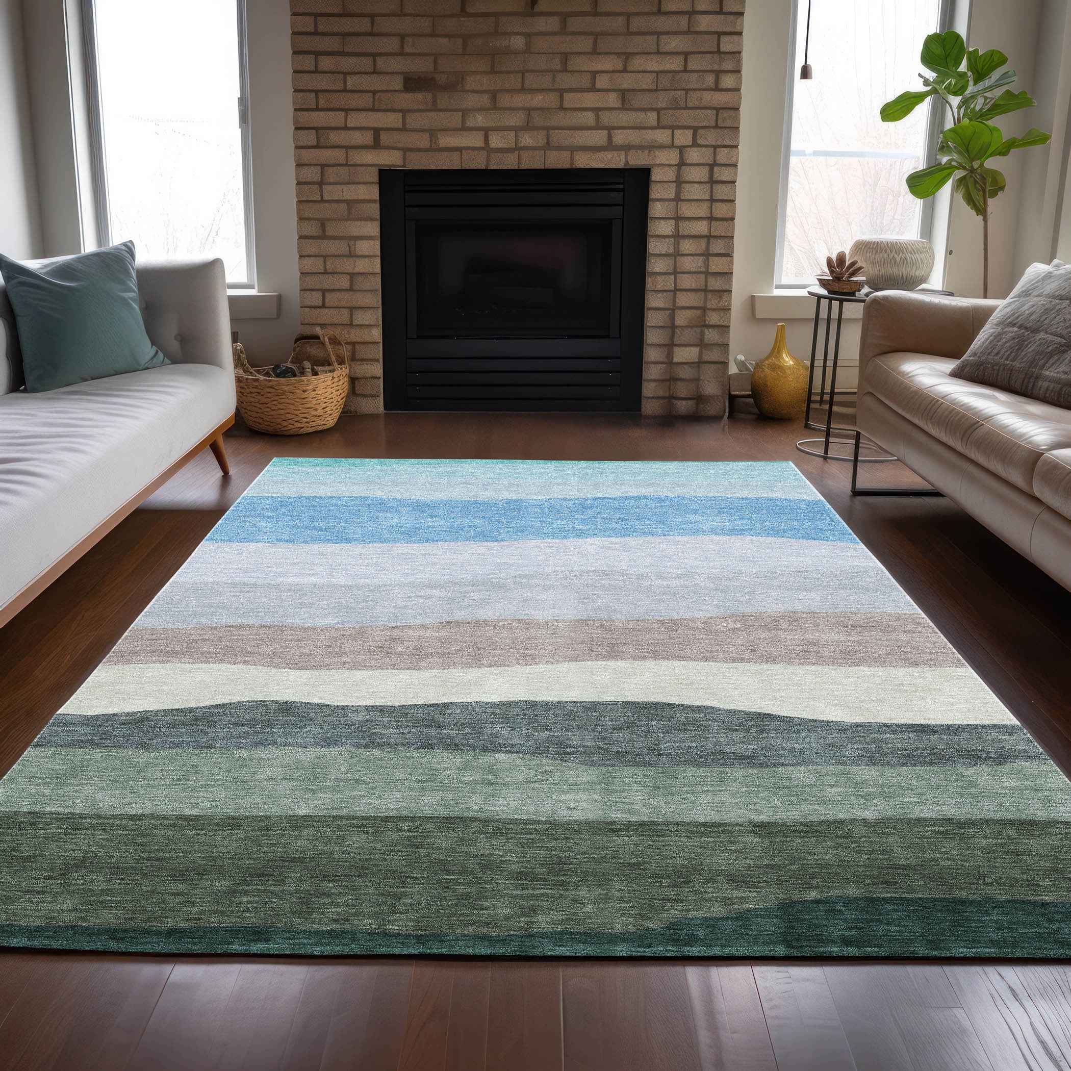 9' X 12' Green Blue And Gray Striped Washable Indoor Outdoor Area Rug