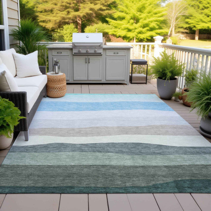 9' X 12' Green Blue And Gray Striped Washable Indoor Outdoor Area Rug