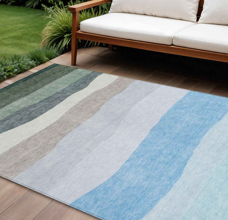 9' X 12' Green Blue And Gray Striped Washable Indoor Outdoor Area Rug