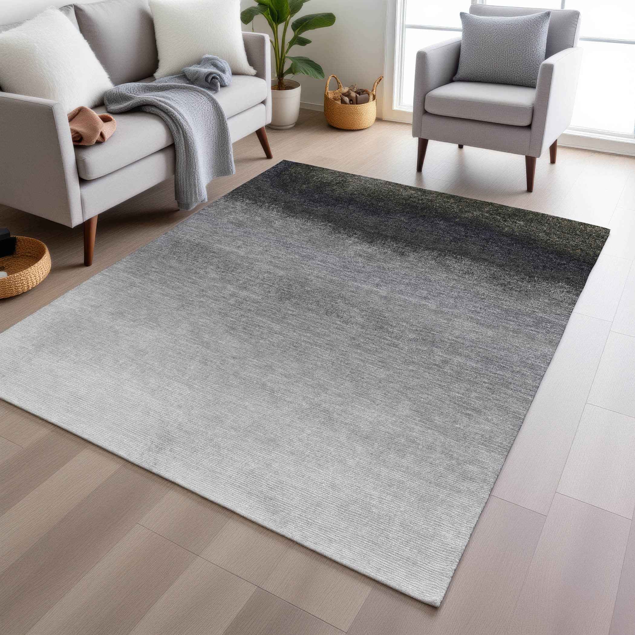 5' X 8' Silver And Black Ombre Washable Indoor Outdoor Area Rug
