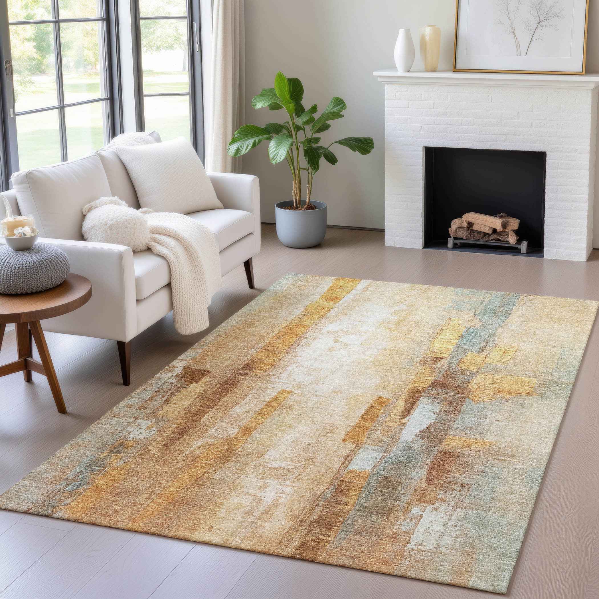 3' X 5' Copper And Ivory Abstract Washable Indoor Outdoor Area Rug