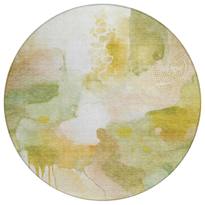 8' Fern Green Gold And Ivory Round Abstract Washable Indoor Outdoor Area Rug