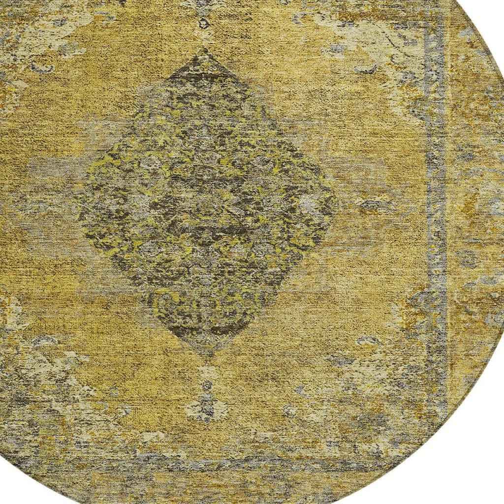 8' Wheat And Gray Round Medallion Washable Indoor Outdoor Area Rug