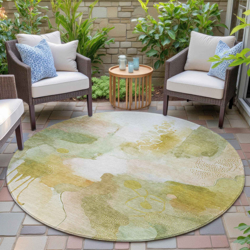 8' Fern Green Gold And Ivory Round Abstract Washable Indoor Outdoor Area Rug