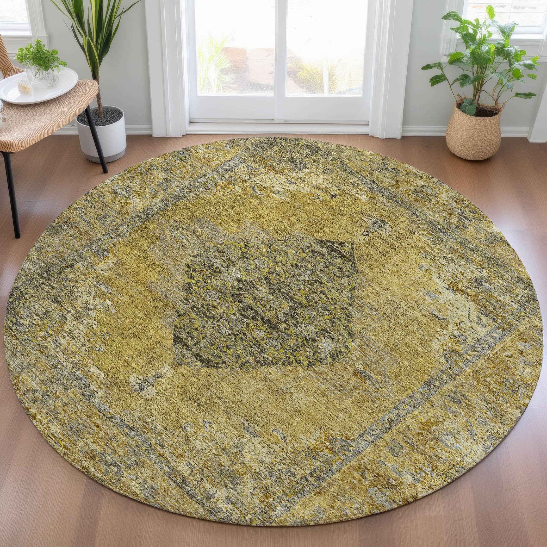 8' Wheat And Gray Round Medallion Washable Indoor Outdoor Area Rug