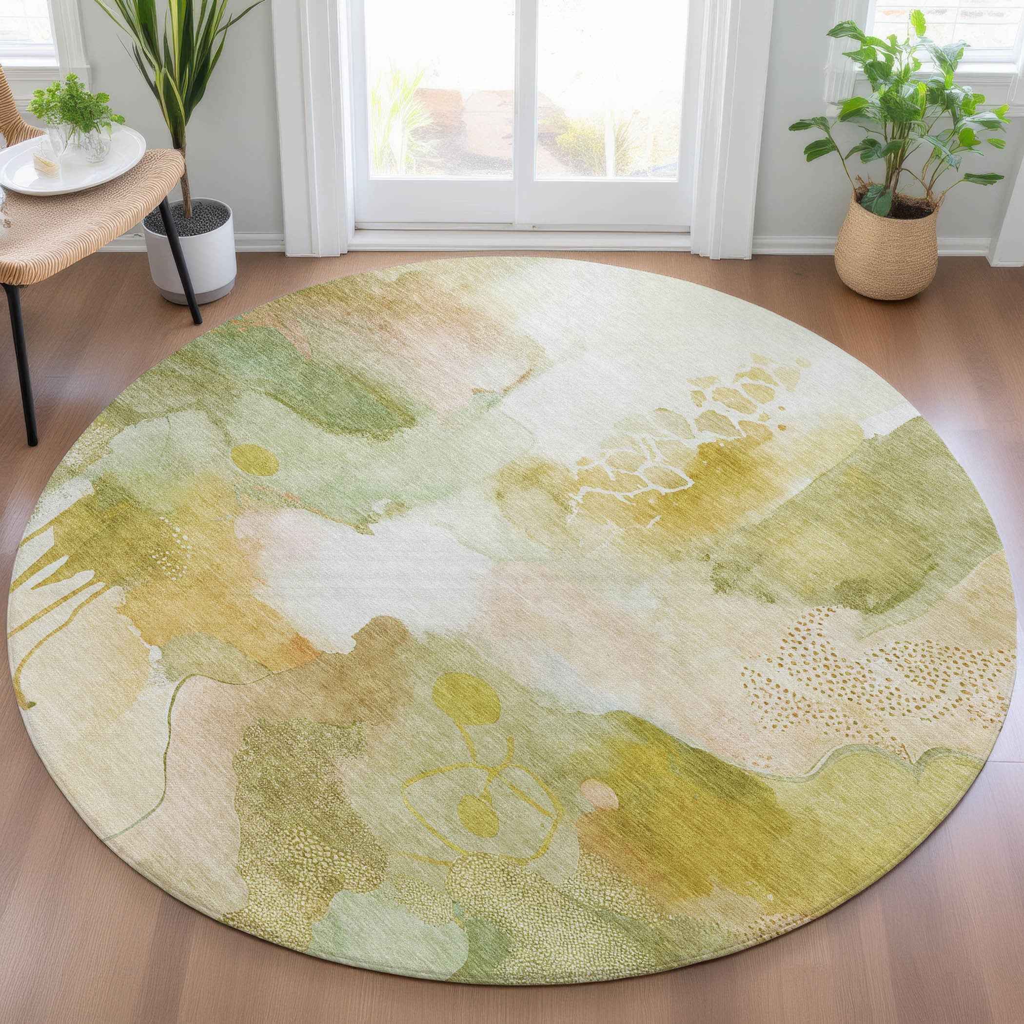 8' Fern Green Gold And Ivory Round Abstract Washable Indoor Outdoor Area Rug