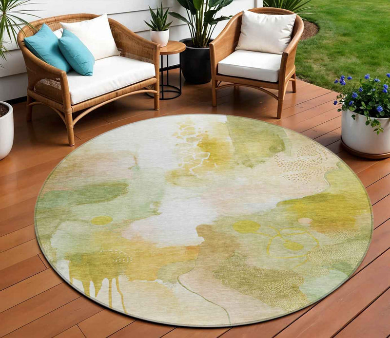 8' Fern Green Gold And Ivory Round Abstract Washable Indoor Outdoor Area Rug