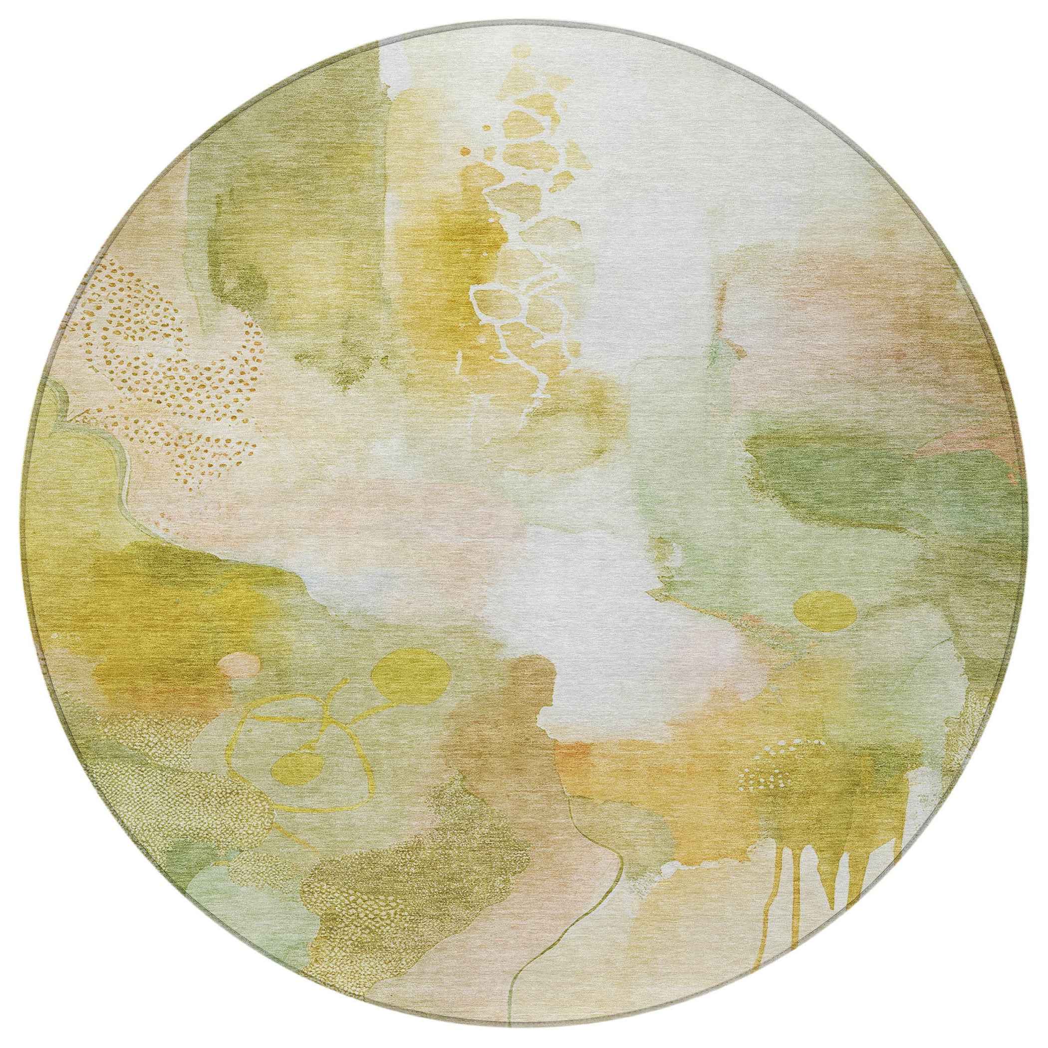 8' Fern Green Gold And Ivory Round Abstract Washable Indoor Outdoor Area Rug