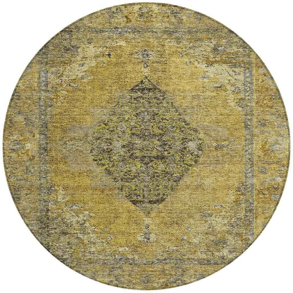 8' Wheat And Gray Round Medallion Washable Indoor Outdoor Area Rug