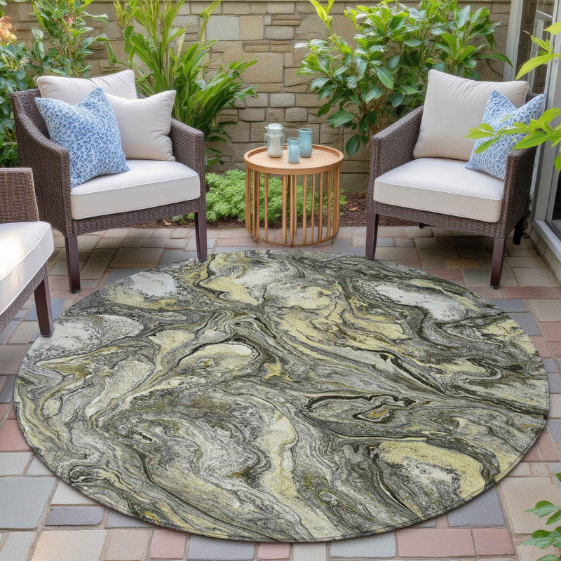 8' Pewter And Gold Round Abstract Washable Indoor Outdoor Area Rug