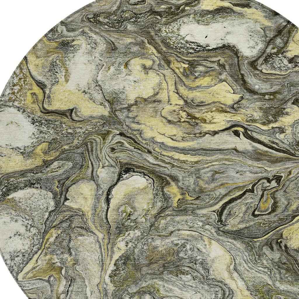 8' Pewter And Gold Round Abstract Washable Indoor Outdoor Area Rug