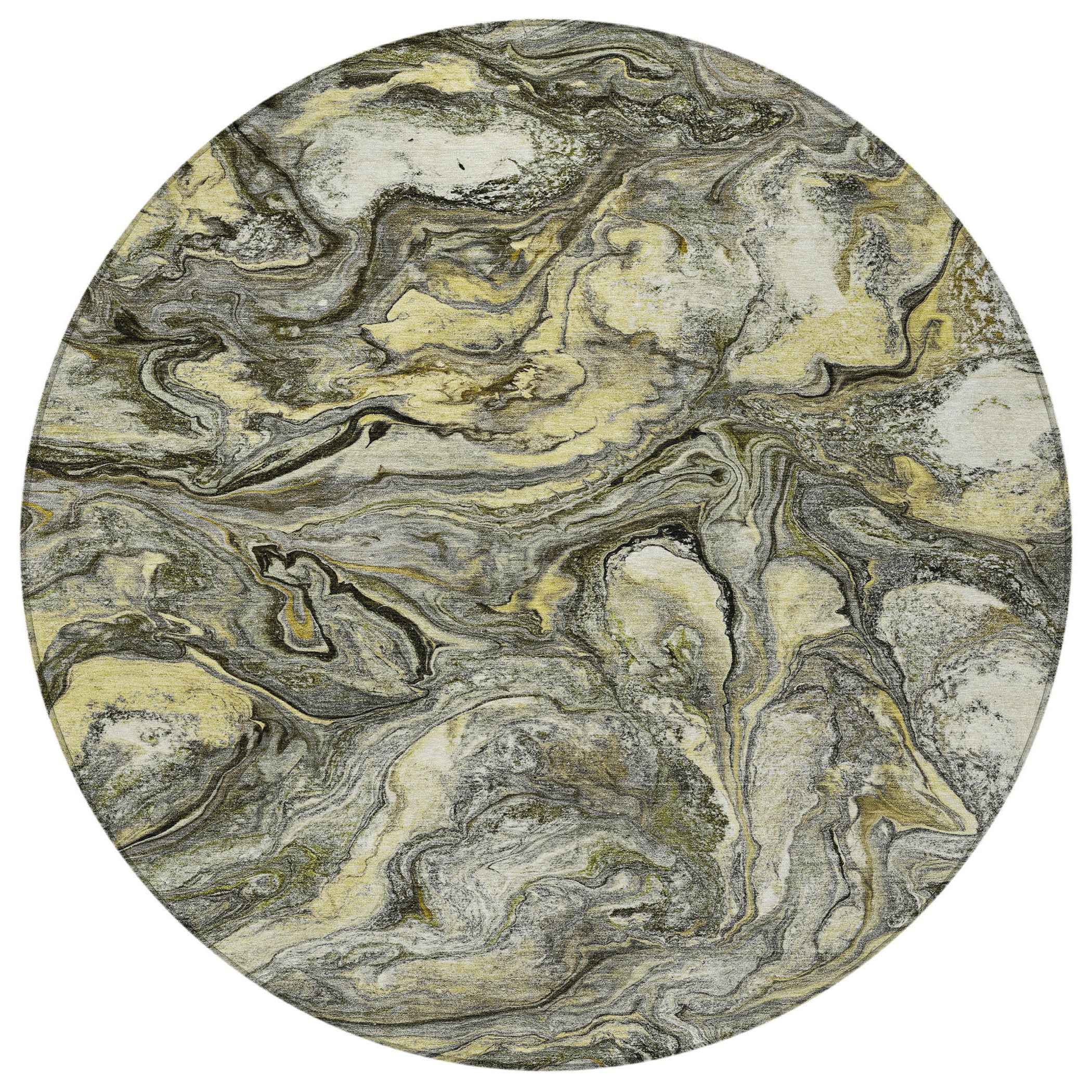 8' Pewter And Gold Round Abstract Washable Indoor Outdoor Area Rug