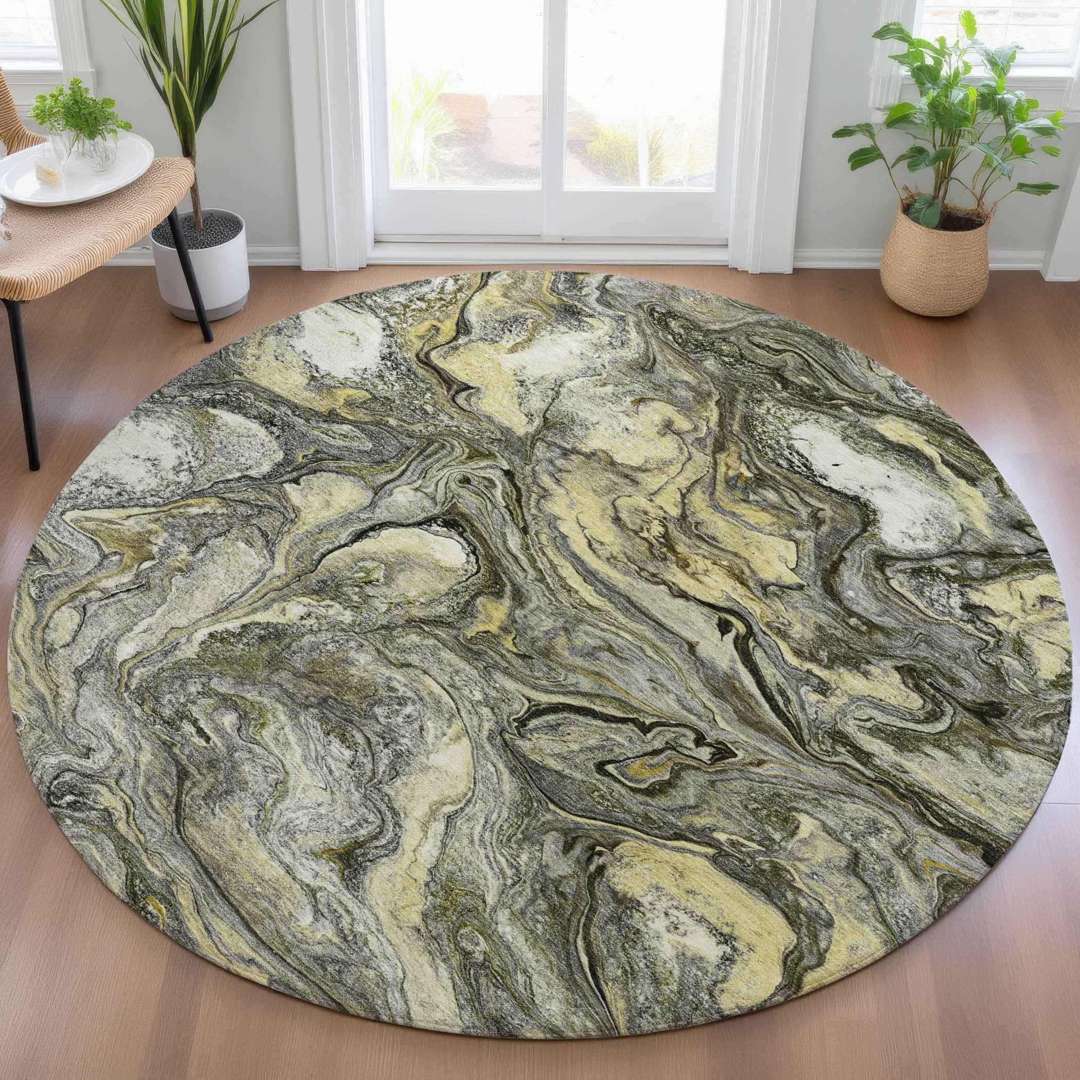 8' Pewter And Gold Round Abstract Washable Indoor Outdoor Area Rug
