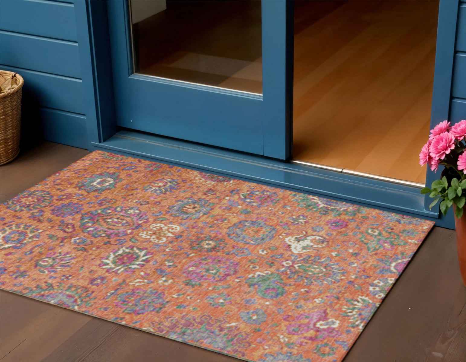 3' X 5' Orange Blue And Pink Floral Washable Indoor Outdoor Area Rug