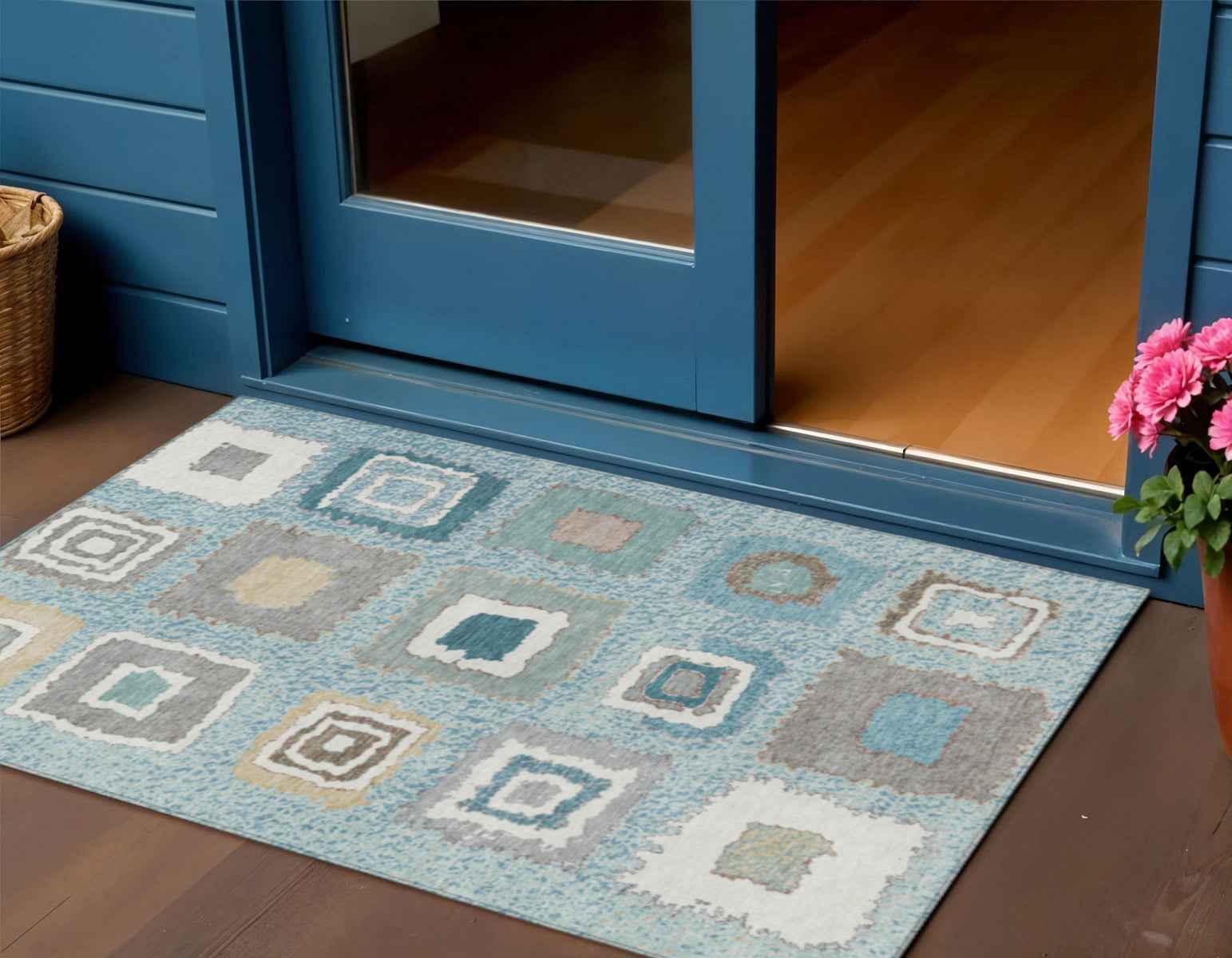 3' X 5' Teal Blue Beige And Ivory Geometric Washable Indoor Outdoor Area Rug
