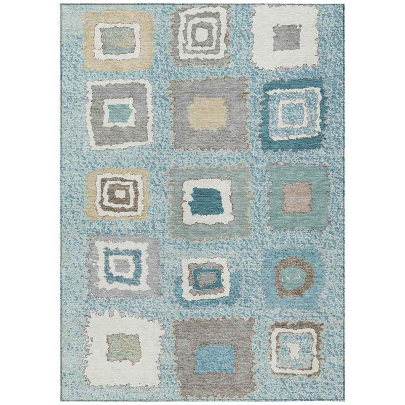 3' X 5' Teal Blue Beige And Ivory Geometric Washable Indoor Outdoor Area Rug