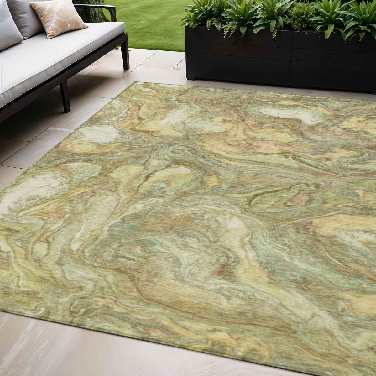 5' X 8' Gold And Taupe Abstract Washable Indoor Outdoor Area Rug