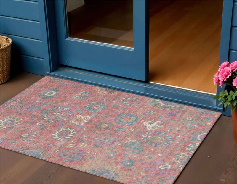 3' X 5' Coral Plum And Blue Floral Washable Indoor Outdoor Area Rug