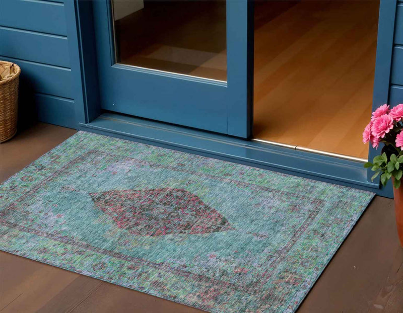 3' X 5' Aqua And Mauve Medallion Washable Indoor Outdoor Area Rug