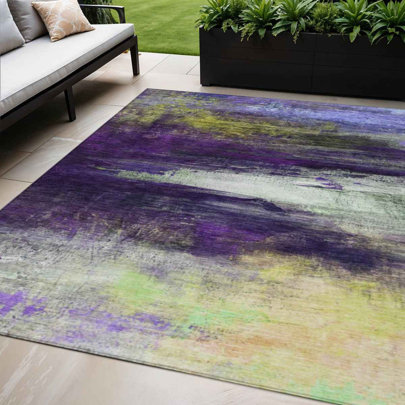 5' X 8' Purple Yellow And Ivory Abstract Washable Indoor Outdoor Area Rug