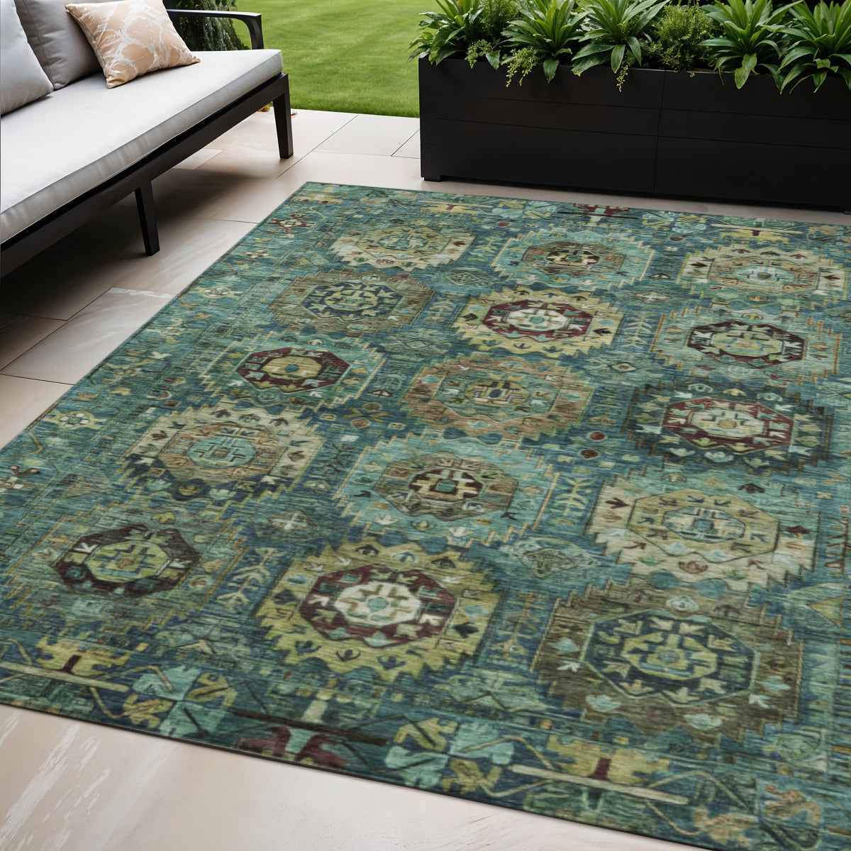 5' X 8' Teal Blue Brown And Taupe Medallion Washable Indoor Outdoor Area Rug