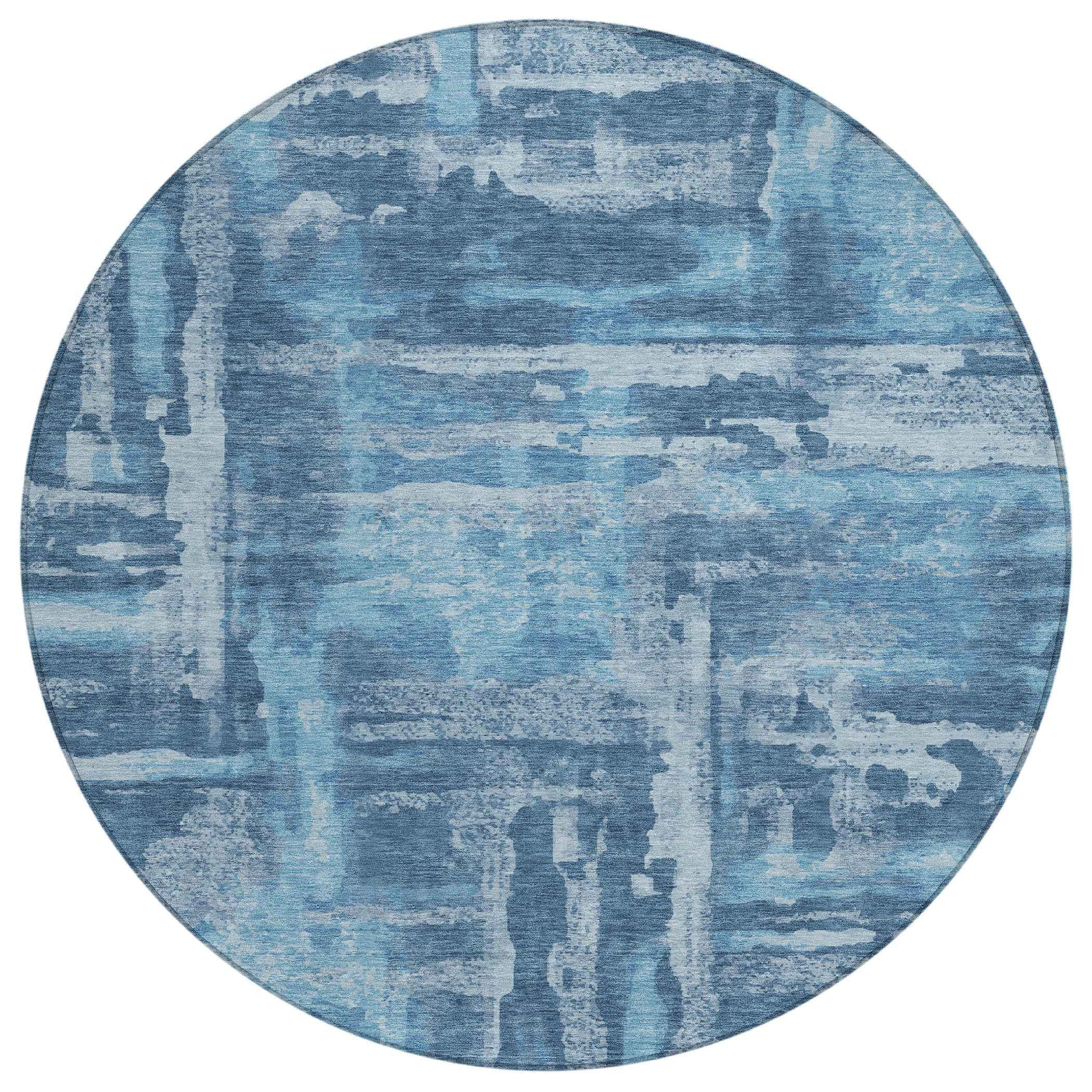 8' Denim Blue And Sky Blue Round Abstract Washable Indoor Outdoor Area Rug