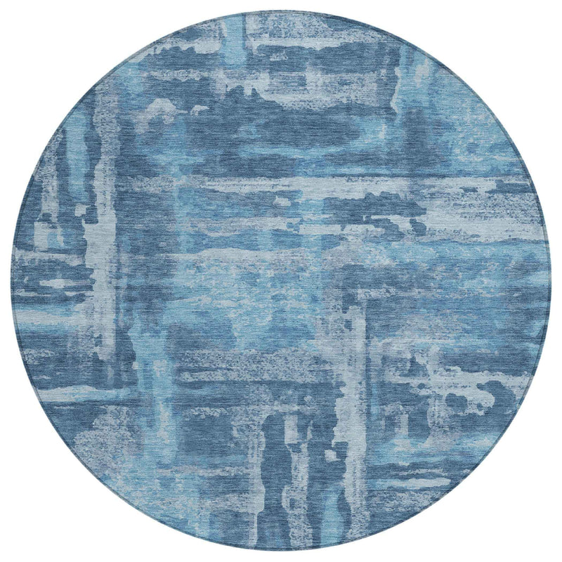 8' Denim Blue And Sky Blue Round Abstract Washable Indoor Outdoor Area Rug