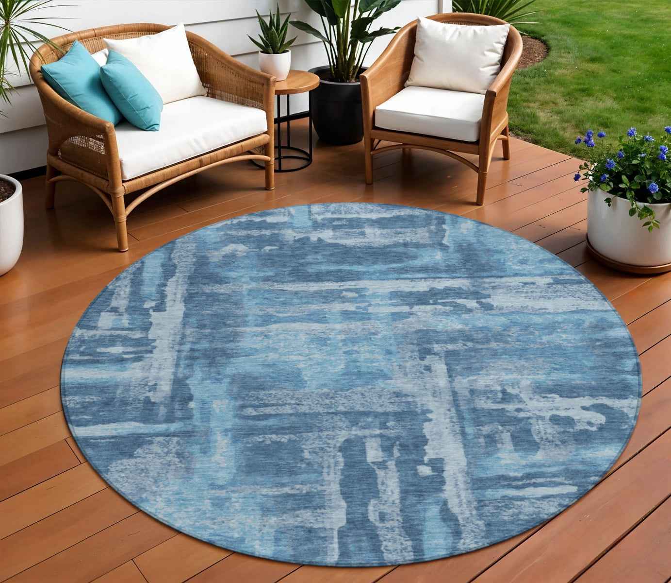 8' Denim Blue And Sky Blue Round Abstract Washable Indoor Outdoor Area Rug