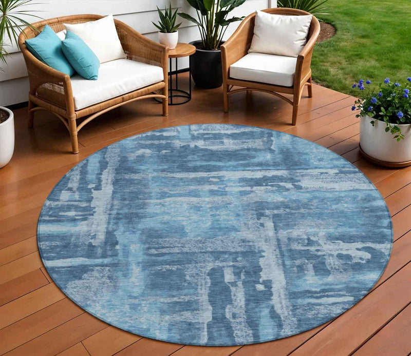 8' Denim Blue And Sky Blue Round Abstract Washable Indoor Outdoor Area Rug