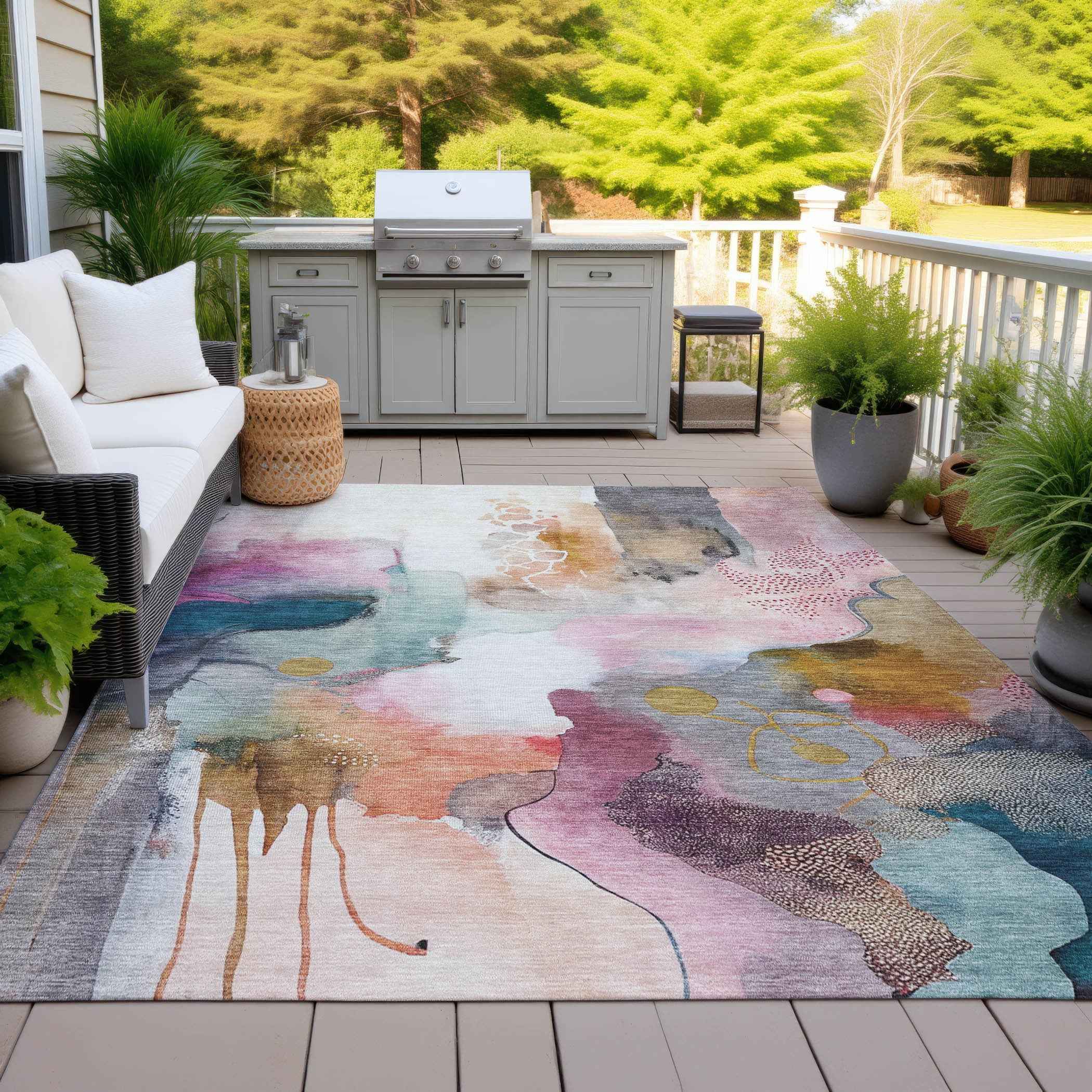 9' X 12' Blush Teal Blue And Ivory Abstract Washable Indoor Outdoor Area Rug