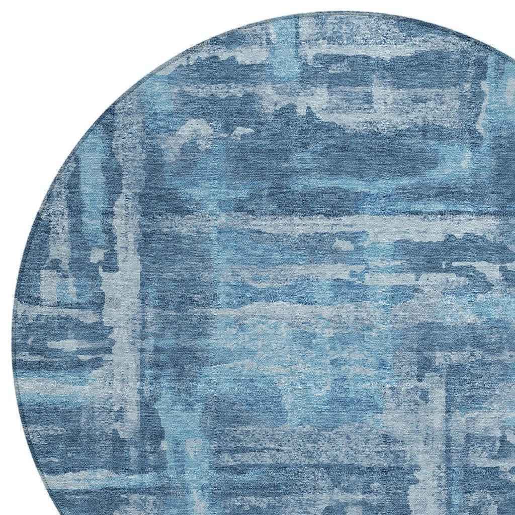 8' Denim Blue And Sky Blue Round Abstract Washable Indoor Outdoor Area Rug