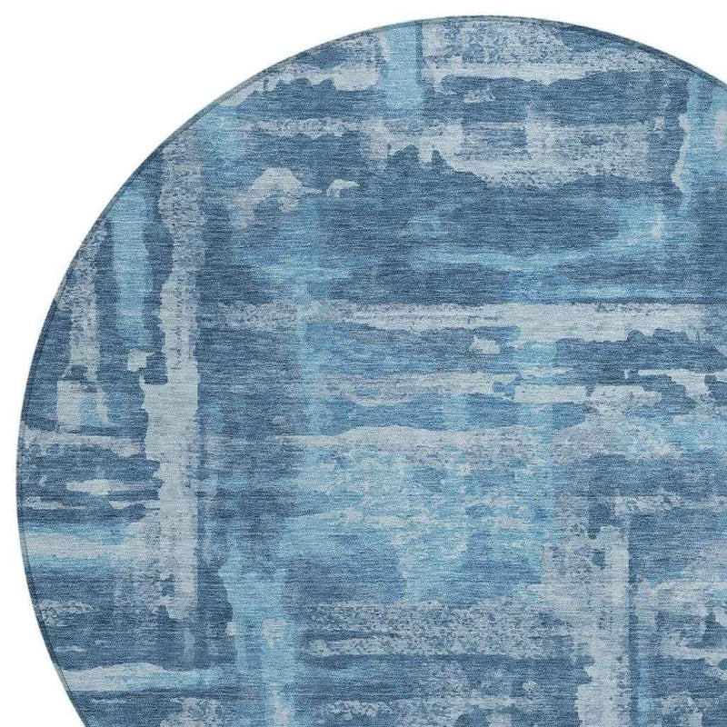 8' Denim Blue And Sky Blue Round Abstract Washable Indoor Outdoor Area Rug