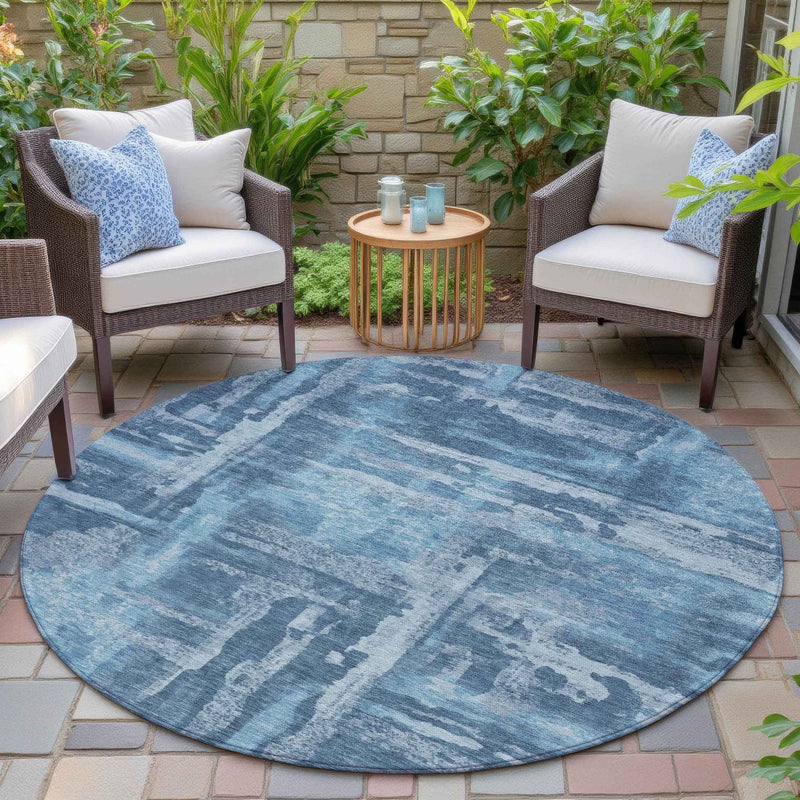 8' Denim Blue And Sky Blue Round Abstract Washable Indoor Outdoor Area Rug