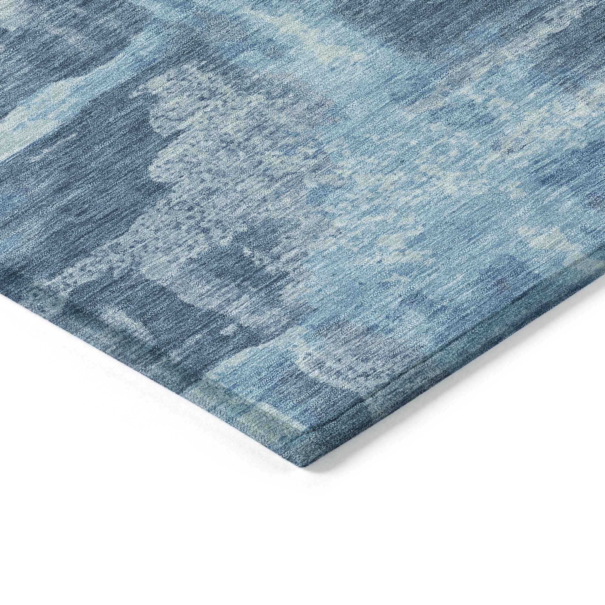 8' Denim Blue And Sky Blue Round Abstract Washable Indoor Outdoor Area Rug