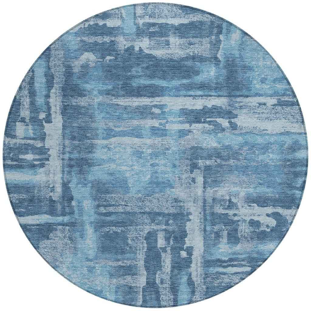 8' Denim Blue And Sky Blue Round Abstract Washable Indoor Outdoor Area Rug