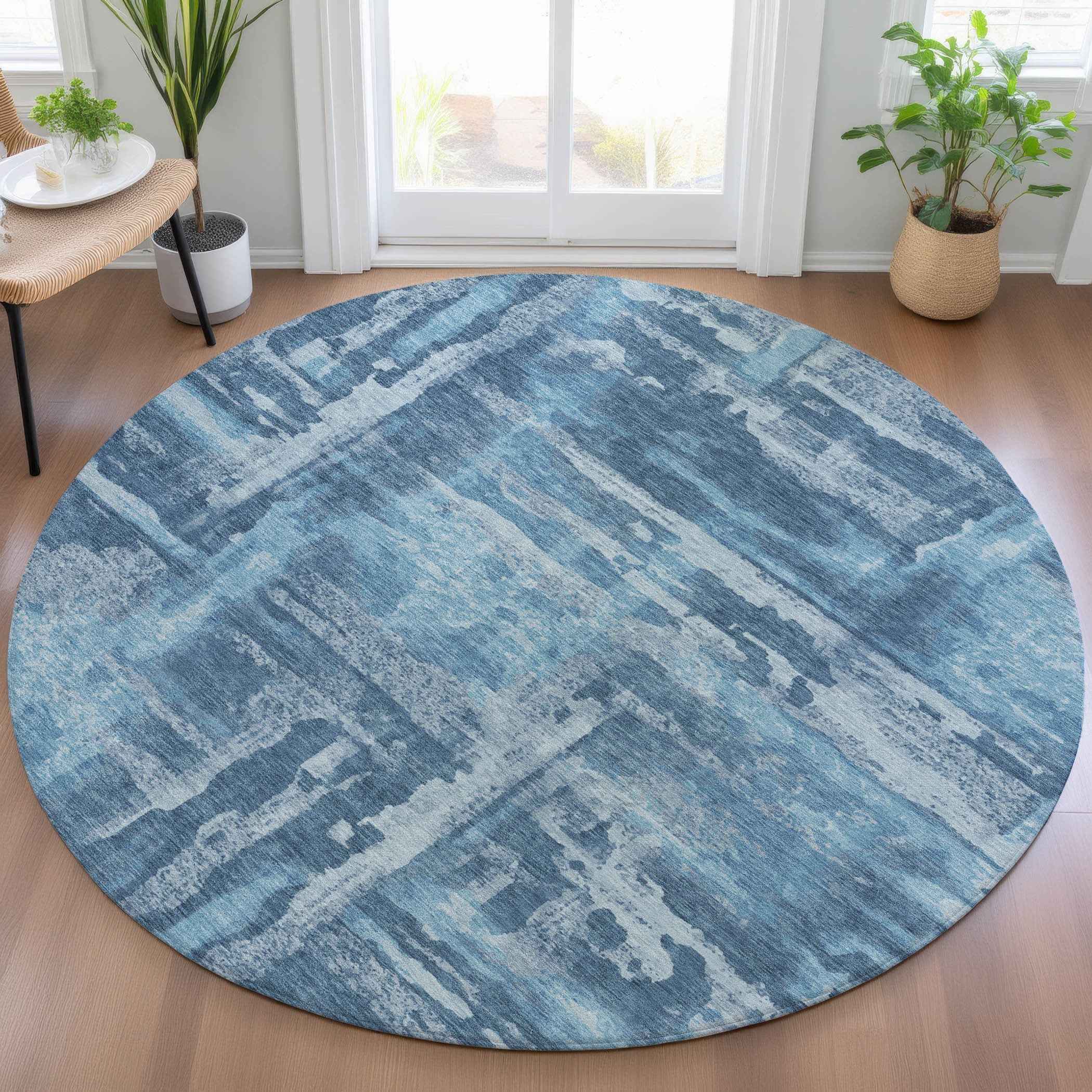 8' Denim Blue And Sky Blue Round Abstract Washable Indoor Outdoor Area Rug