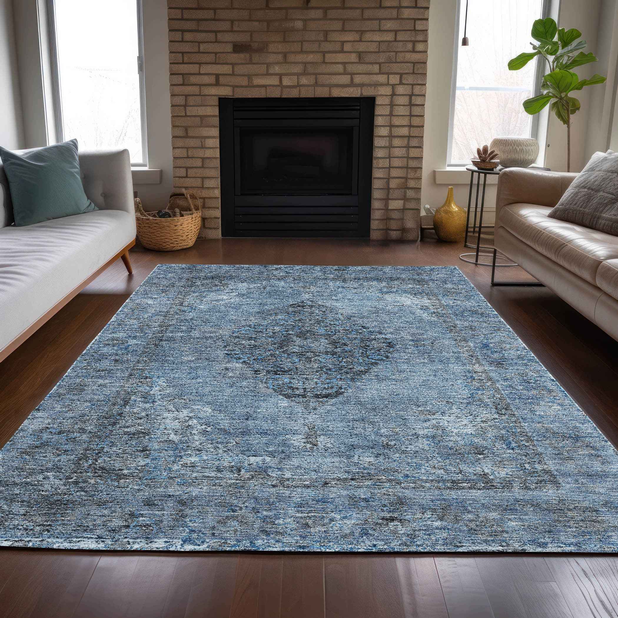 8' X 10' Denim Blue And Gray Medallion Washable Indoor Outdoor Area Rug