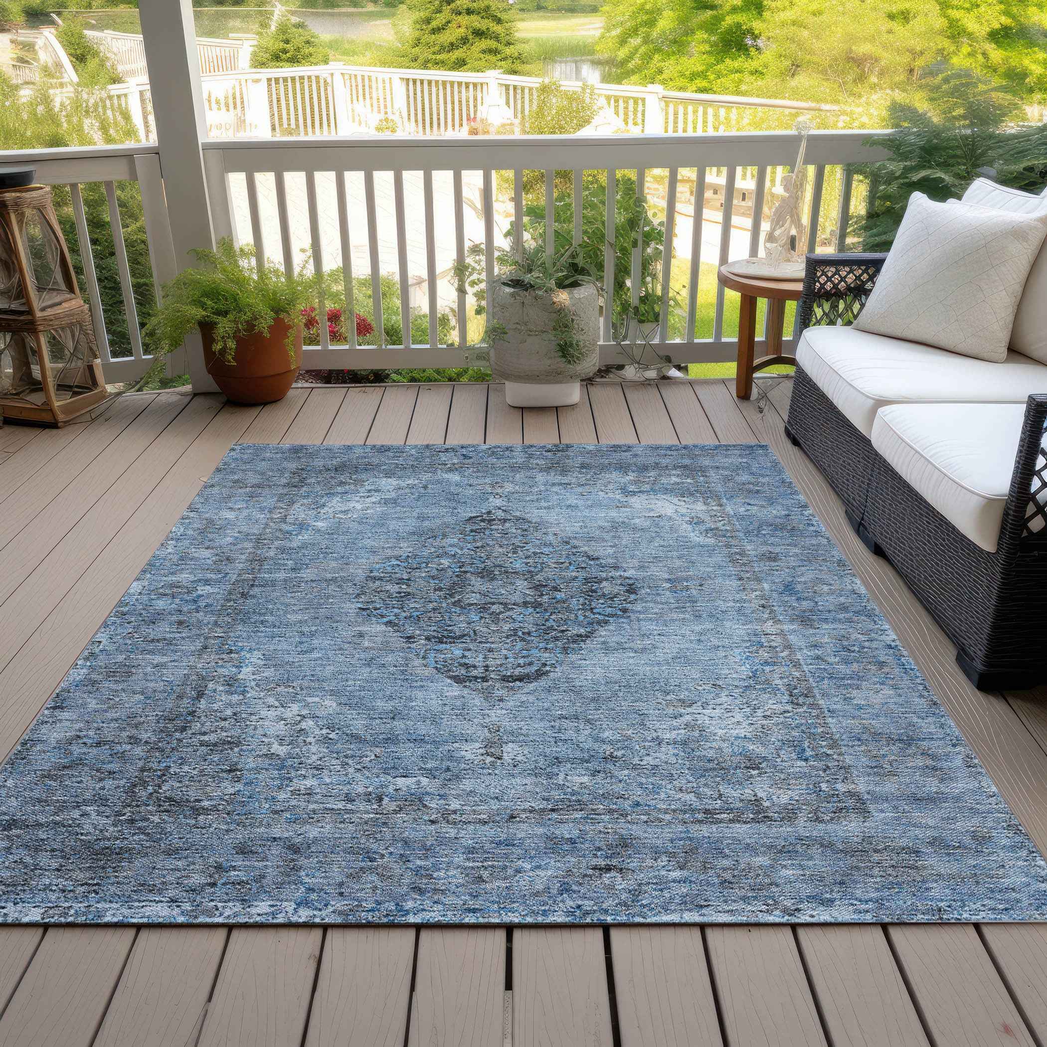 8' X 10' Denim Blue And Gray Medallion Washable Indoor Outdoor Area Rug