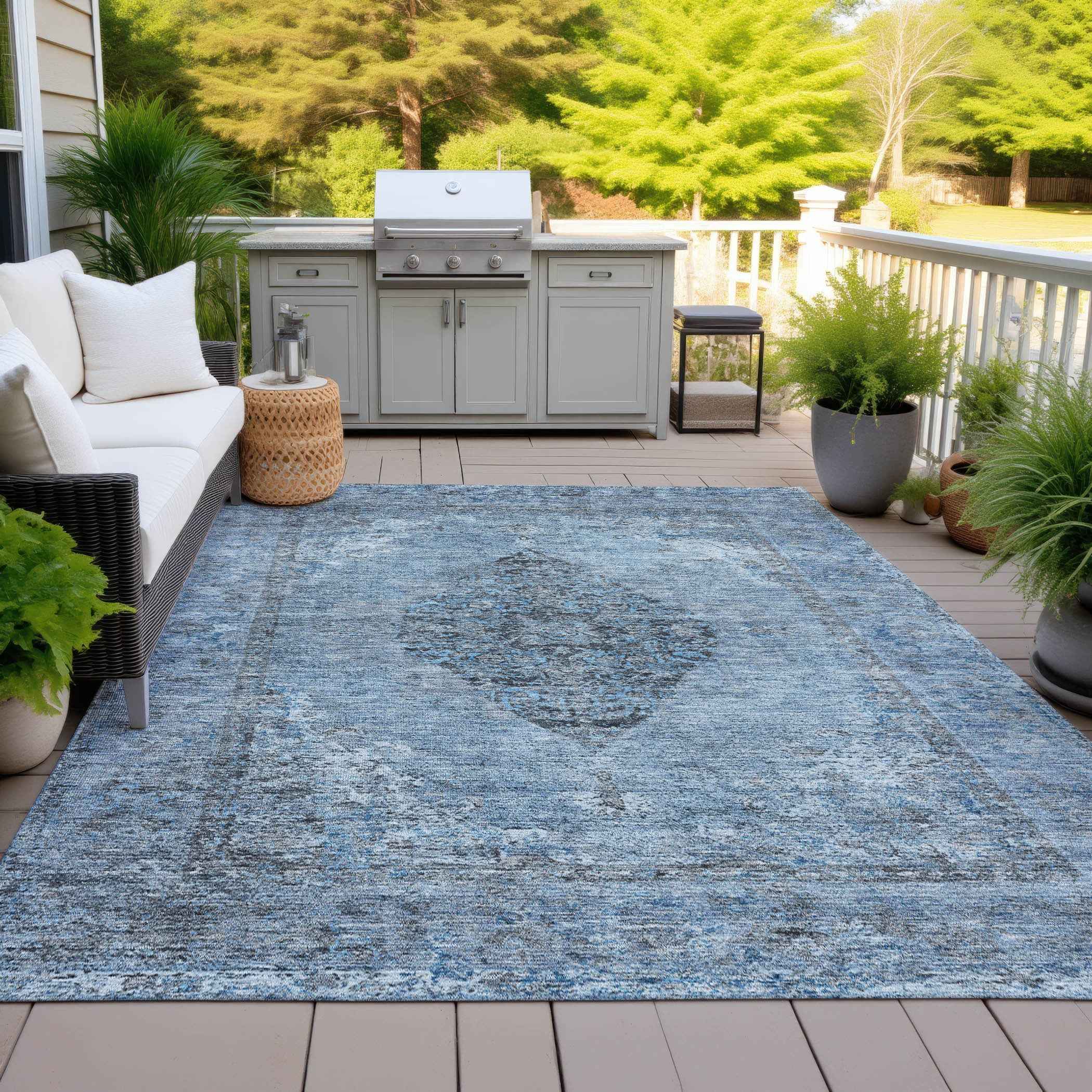 8' X 10' Denim Blue And Gray Medallion Washable Indoor Outdoor Area Rug