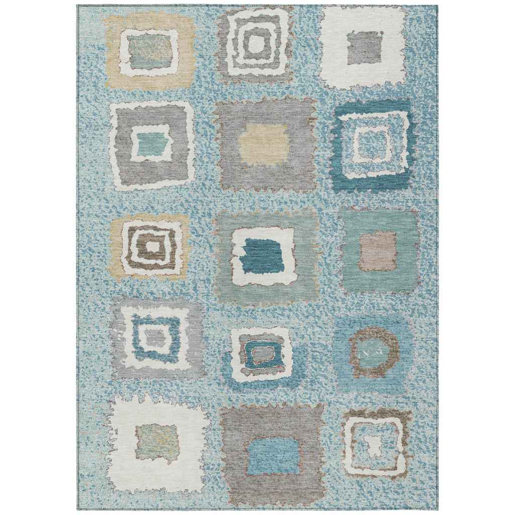 5' X 8' Teal Blue Beige And Ivory Geometric Washable Indoor Outdoor Area Rug