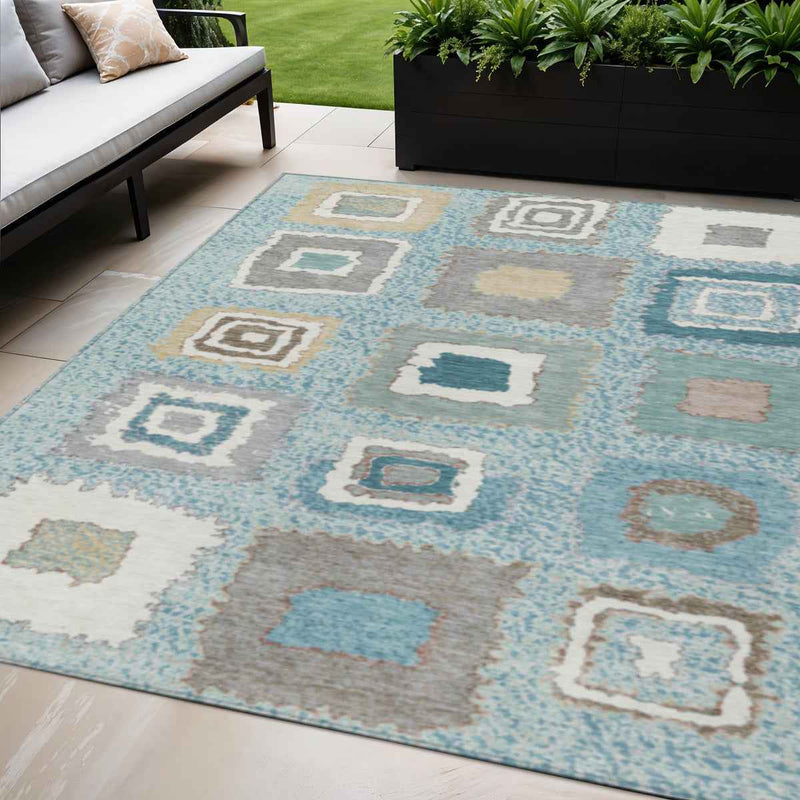 5' X 8' Teal Blue Beige And Ivory Geometric Washable Indoor Outdoor Area Rug