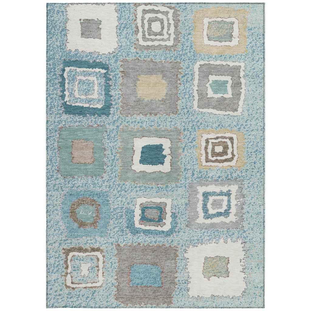 5' X 8' Teal Blue Beige And Ivory Geometric Washable Indoor Outdoor Area Rug
