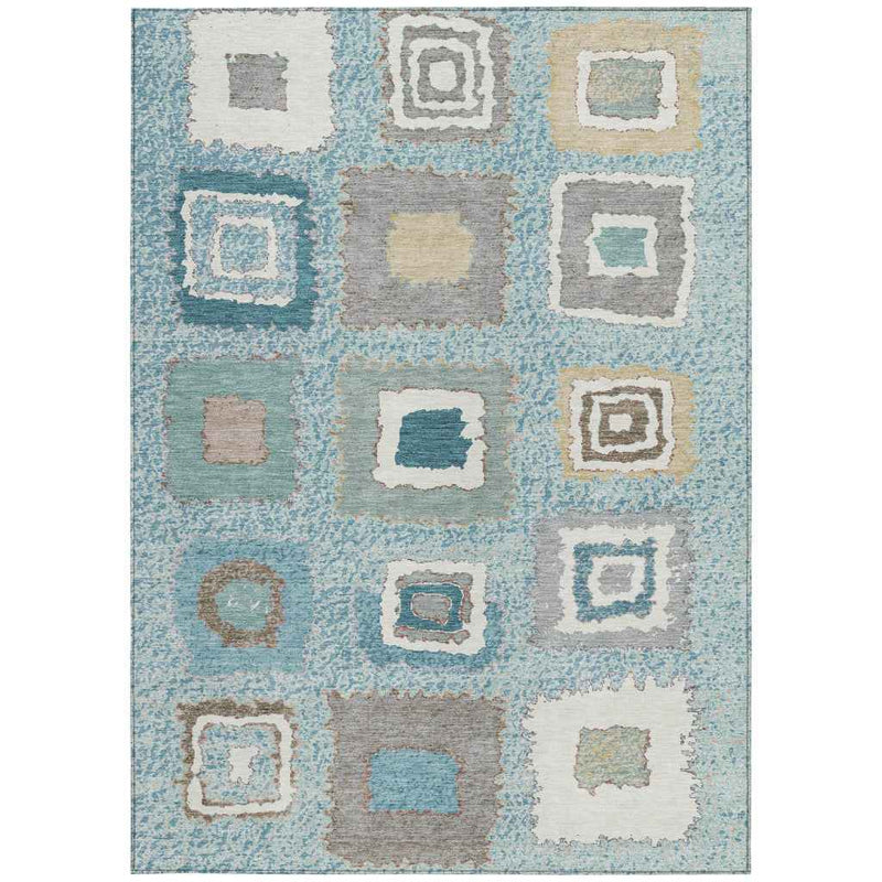 5' X 8' Teal Blue Beige And Ivory Geometric Washable Indoor Outdoor Area Rug