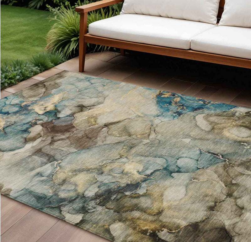 8' X 10' Brown And Teal Blue Abstract Washable Indoor Outdoor Area Rug