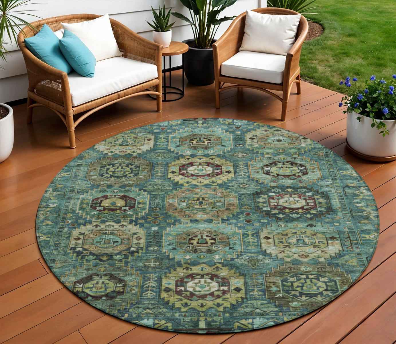 8' Teal Blue Brown And Taupe Round Medallion Washable Indoor Outdoor Area Rug